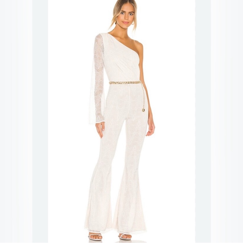 Michael Costello White Lace One-Shoulder Jumpsuit Bridal Formal Flare XS